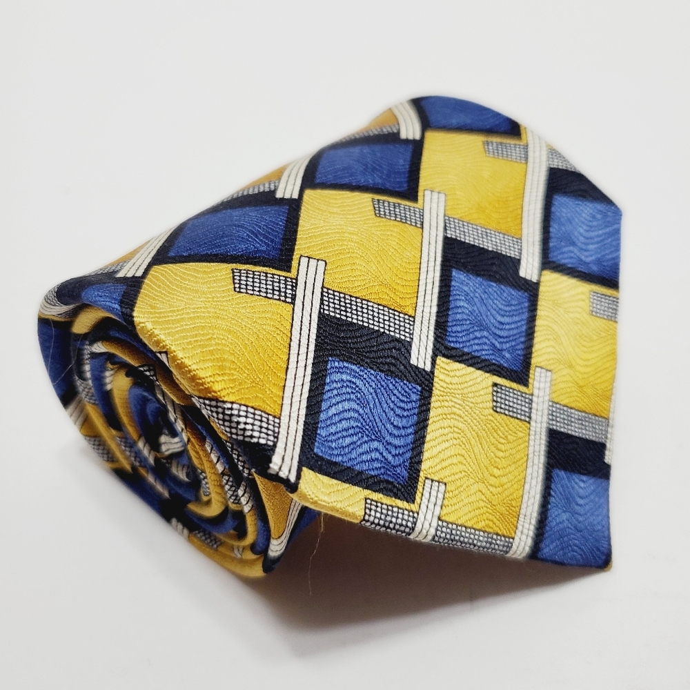DeSantis Gold & Blue Geometric Pattern Men's Italian Silk Necktie 58x4"